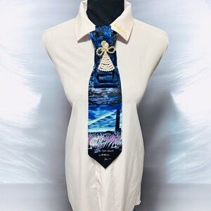 Chic Blue Artistic Scripture Necktie with Angel Brooch!